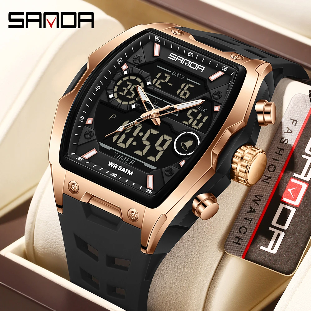 SANDA 6235 Watches for Man New Sports Wine Barrel Man Watch Alarm Clock Timer Function Luminous Waterproof Quartz Wristwatches