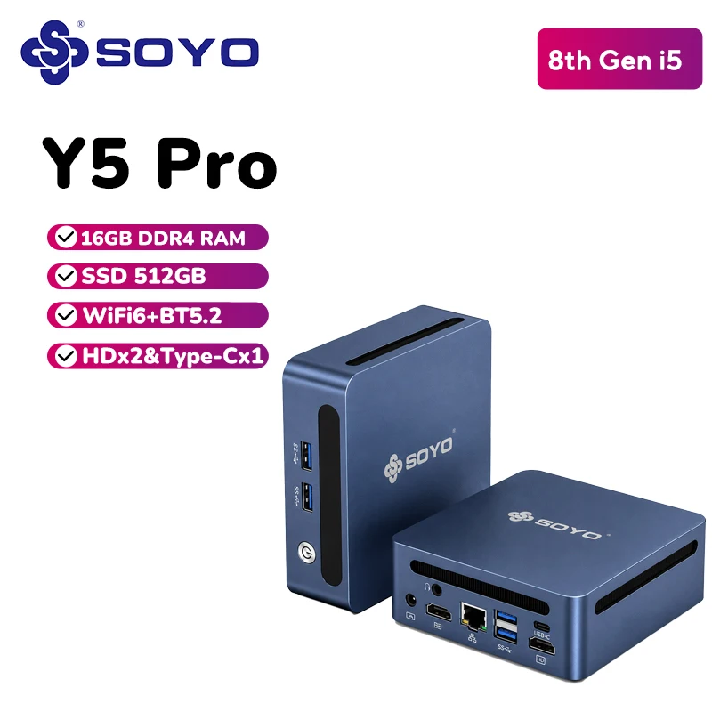 SOYO Y5 Pro 미니 PC 인텔 8세대 i5 620 그래픽 16GB DDR4 RAM 512GB SSD 2×HDMI 타입-C 4×USB WiFi6 BT5.2 윈도우 11 프로