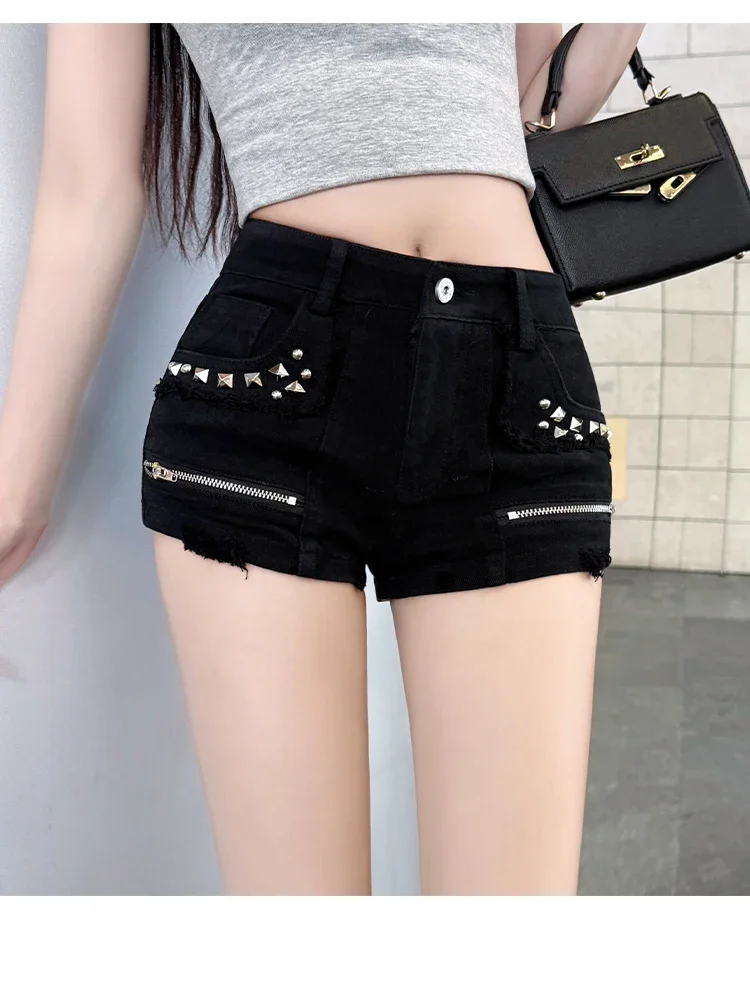 

Женские винтажные уличные джинсовые шорты с заклепками и молнией, летние американские ретро уличные шорты Y2k, сексуальные шорты с низкой посадкой