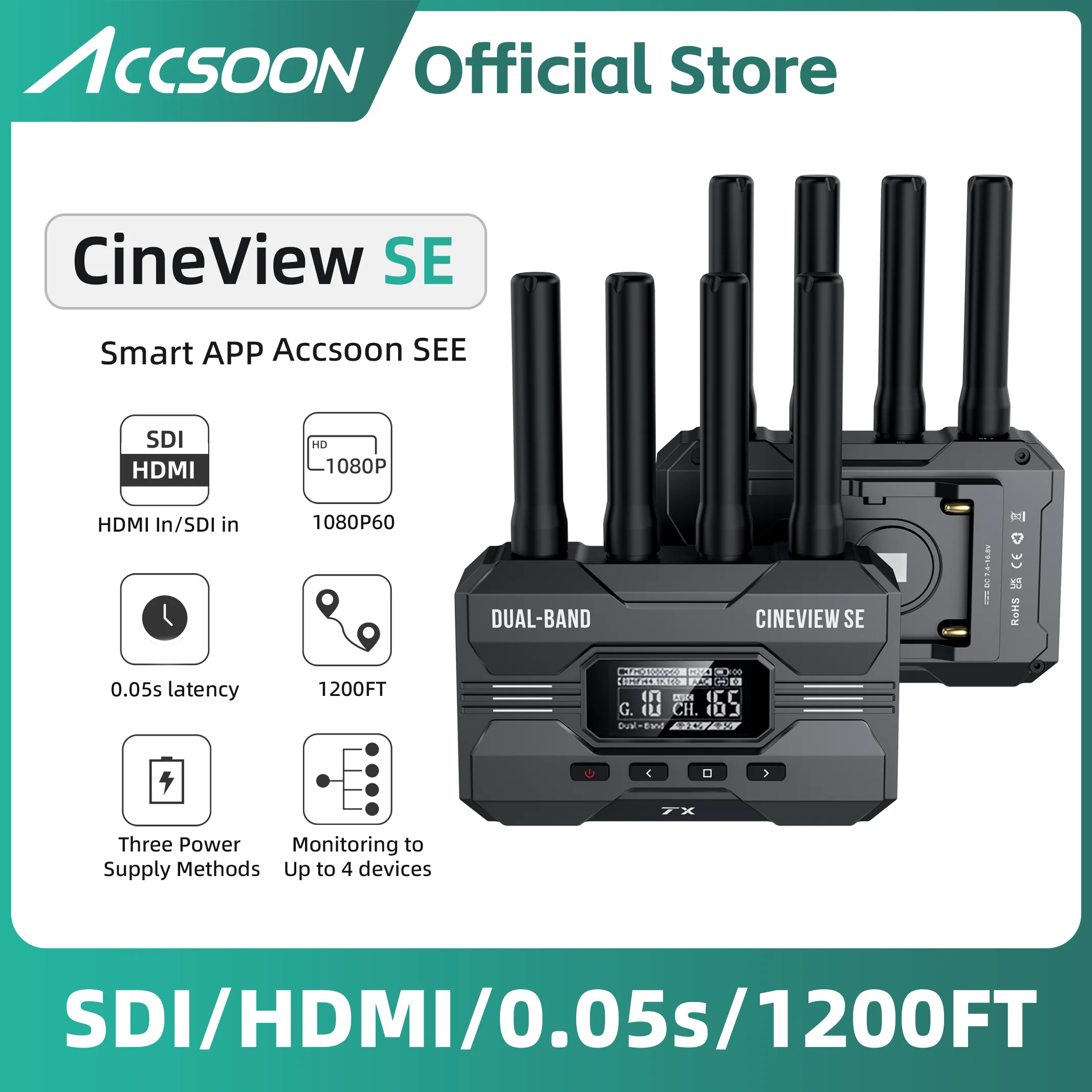 

Hdmi Wireless CineView SE Transmitter Accsoon HDMI SDI in&out 50ms Latency 1080P60 Range 350M App Support-4 Devices Monitoring