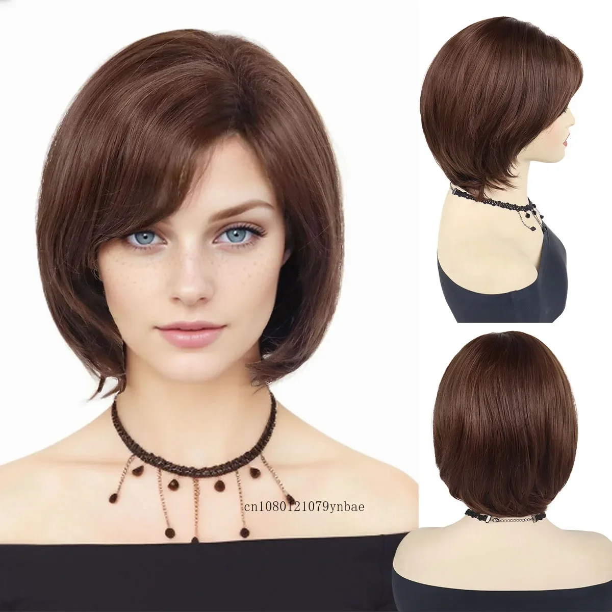 

Brown Bob Hair Synthetic Wig with Bangs for Women Girls Dark Roots Short Straight Wigs Daily Party Costume Use Heat Resistant