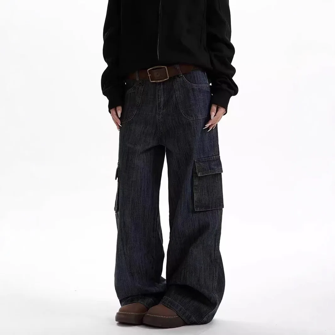 Jeans fiammato vintage a righe scure Pantaloni larghi cargo multitasche a gamba dritta da uomo