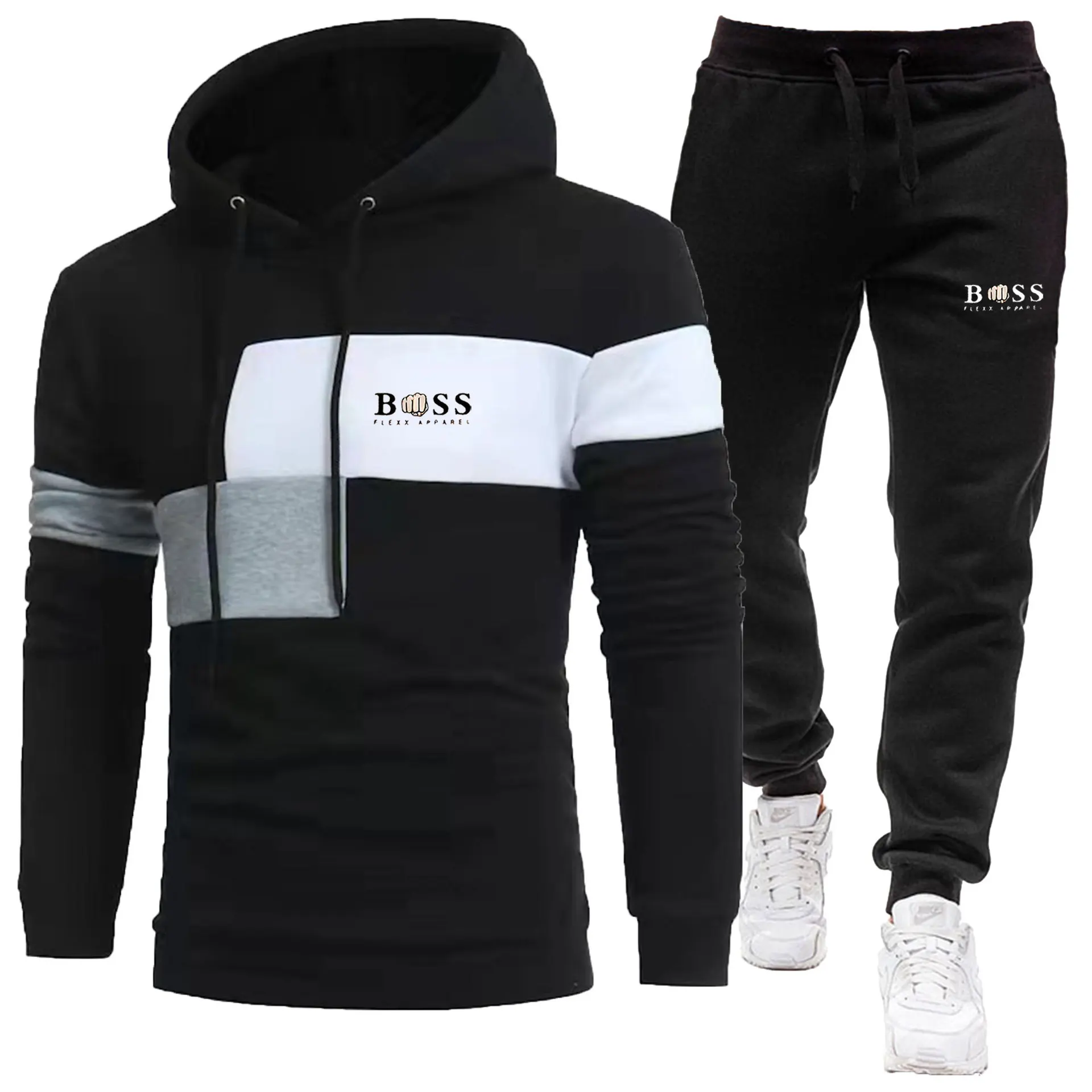 2024 Autumn/Winter New Men\'s plush patchwork hoodie set, three piece casual sports printed hoodie two-piece set