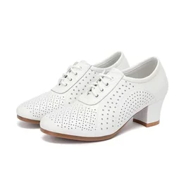 Women Classic Round Toe High Quality White Breathable Lace Up High Heel Shoes Lady Classic Black Pu Leather Office Shoes B119