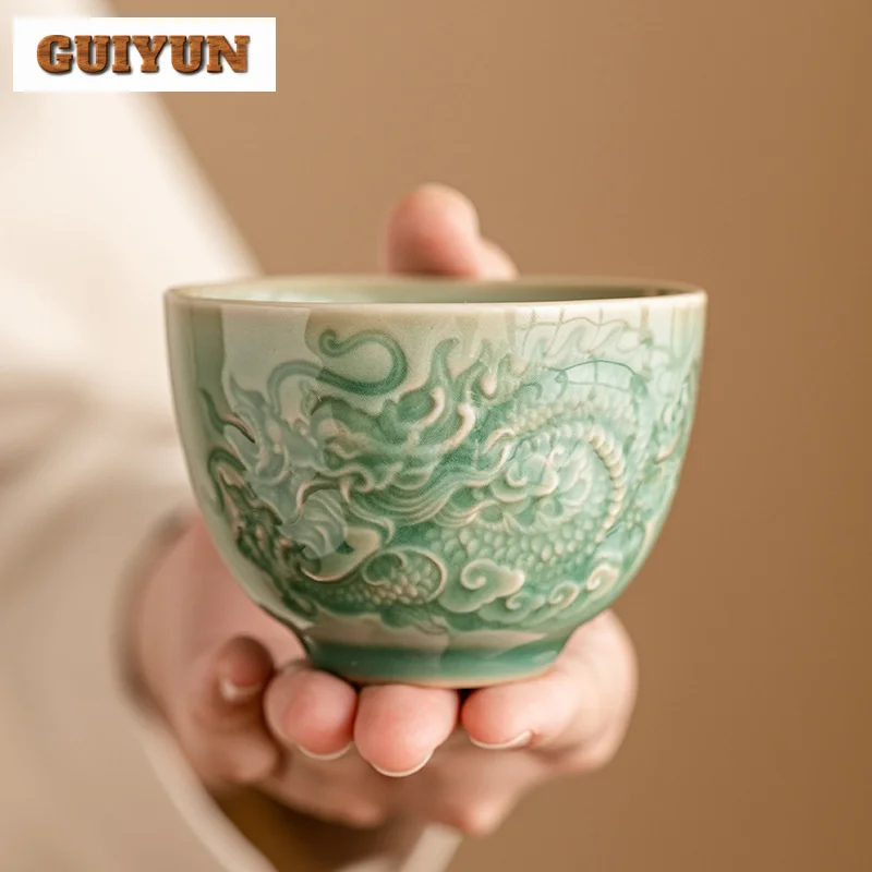 140ml High-end Embossed Dragon Pattern Tea Cup Yue Kiln Celadon Single Master Cup Cofee Mug Chazhan Tea Bowl Kung Fu Teaset Gift