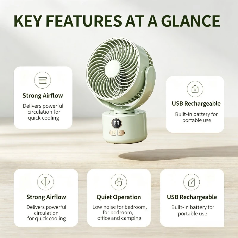 USB Rechargeable Compact Fan with Oscillation Long Battery Life High Airflow Outdoor Camping Circulator for Home Use