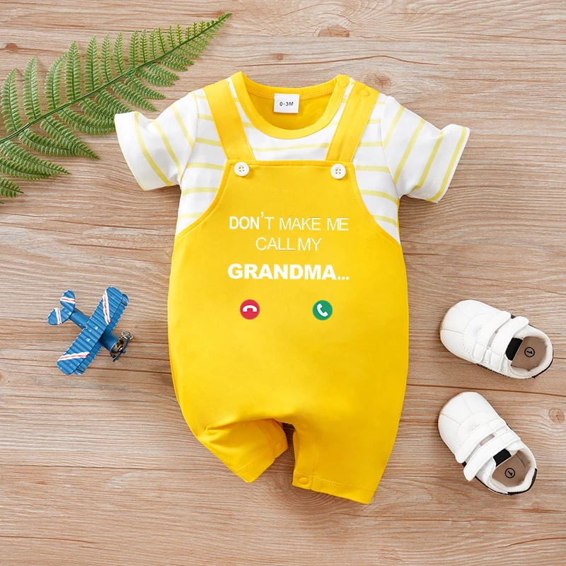 

Newborn baby summer short-sleeved fake 2-piece strap yellow phone interface soft and comfortable humorous round-neck one-piece s