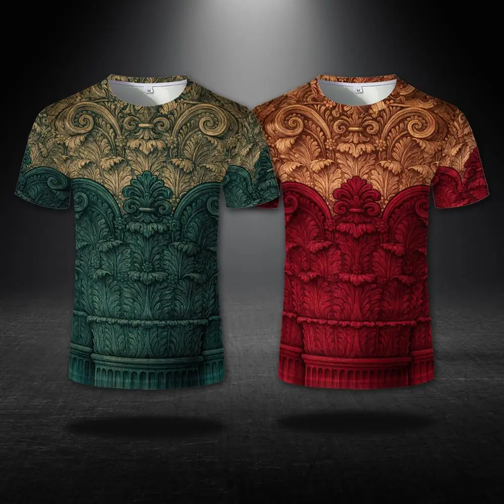Italian Intricate Relief 3D Print T-shirt European Fashion Retro Aesthetic Streetwear Outdoor Sports Casual Short Sleeve Tops