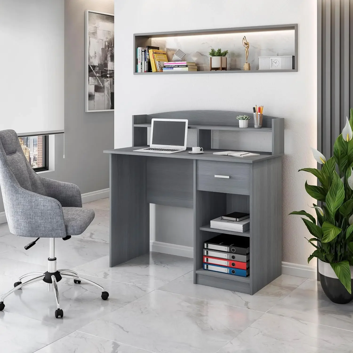 Modern Office Writing Desk Grey Hutch with Shelves and Two Open Storage To Keep Your Office Essentials and Display Items