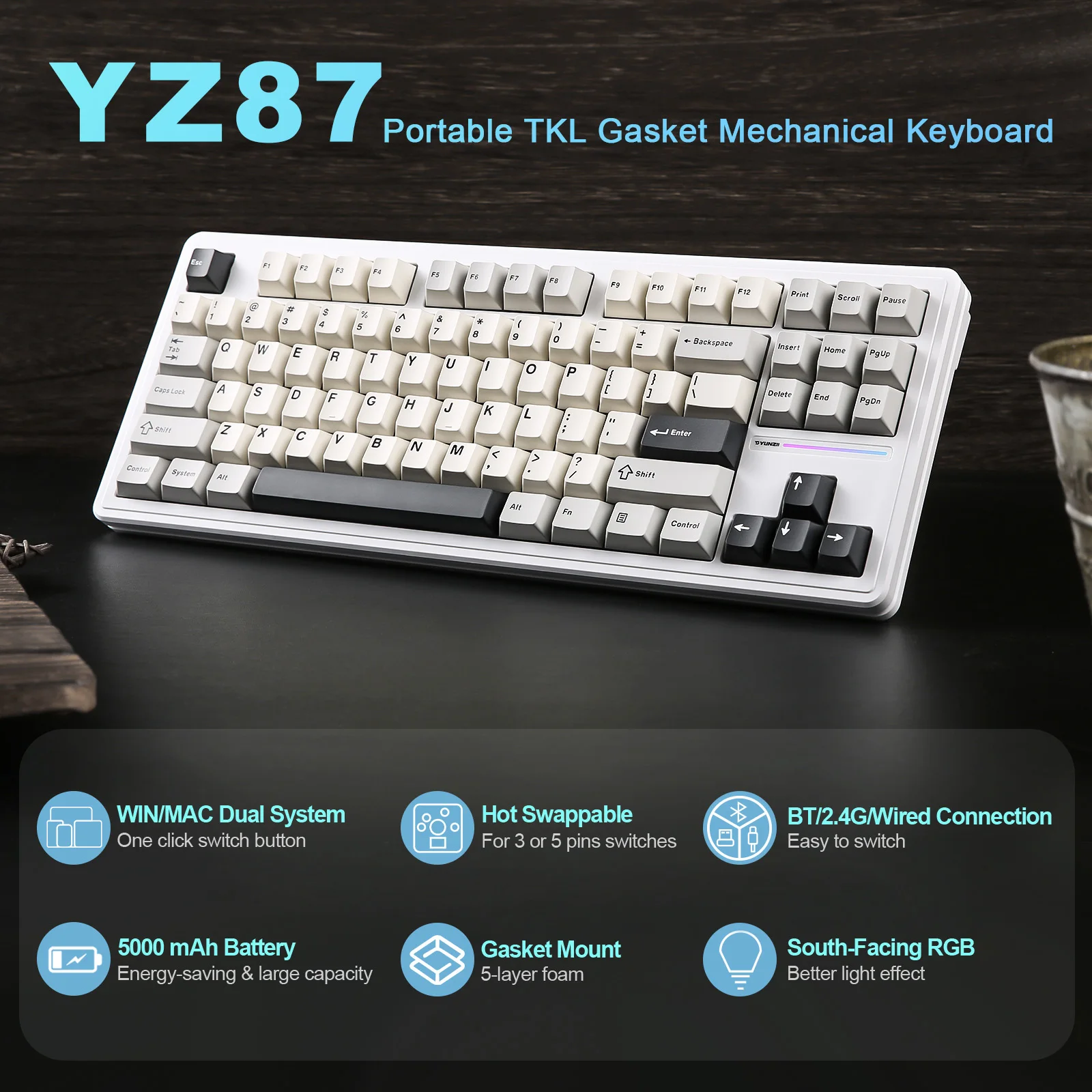 Imagem -02 - Yunzii-teclado Gaming Mecânico sem Fio Teclado Hot Swappable Nkro Rgb Backlit Branco Tkl 75 Junta de 87 Teclas Bt5.0 2.4g Usb-c Yz87