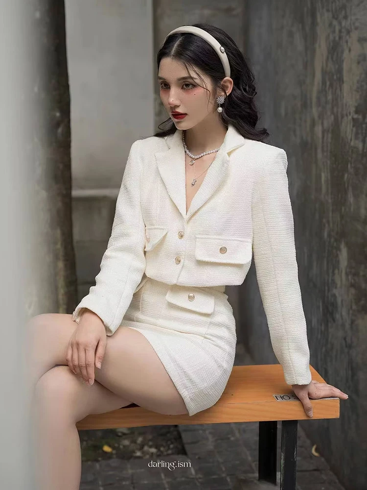 Tweed Women Elegant White Two Piece Set 2023 autunno Fashion Ladies Smart gonne Set Streetwear Girls Sweet Slim Suits Chic