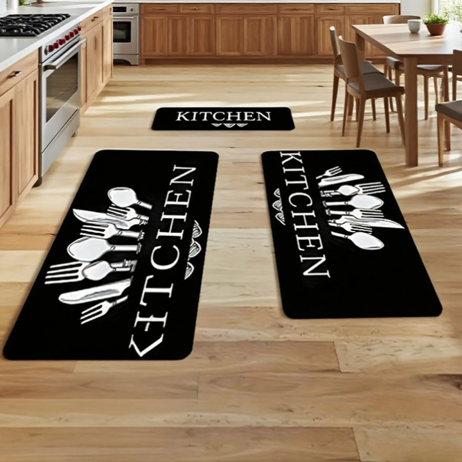 

us3pcs Kitchen Alphabet Theme Mat Set, Knife And Fork Pattern, Musthave for Home, Non Slip, Soft, Easy to Clean, Suitable for Bedrooms, Living And Dining Room, Kitchen, Bathroom, Gift for Friend And Family, Kitchen Accessories, Father's Day Giftd