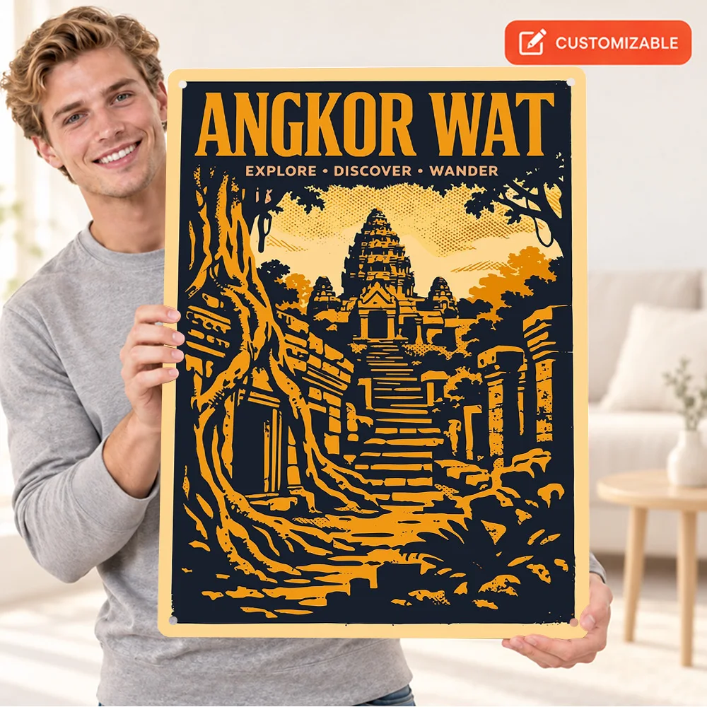 Vintage Angkor Wat Cambodia Temple Aluminum Poster Bold Design Creative Workspace Wall Art Customized Metal Sign Birthday Gift