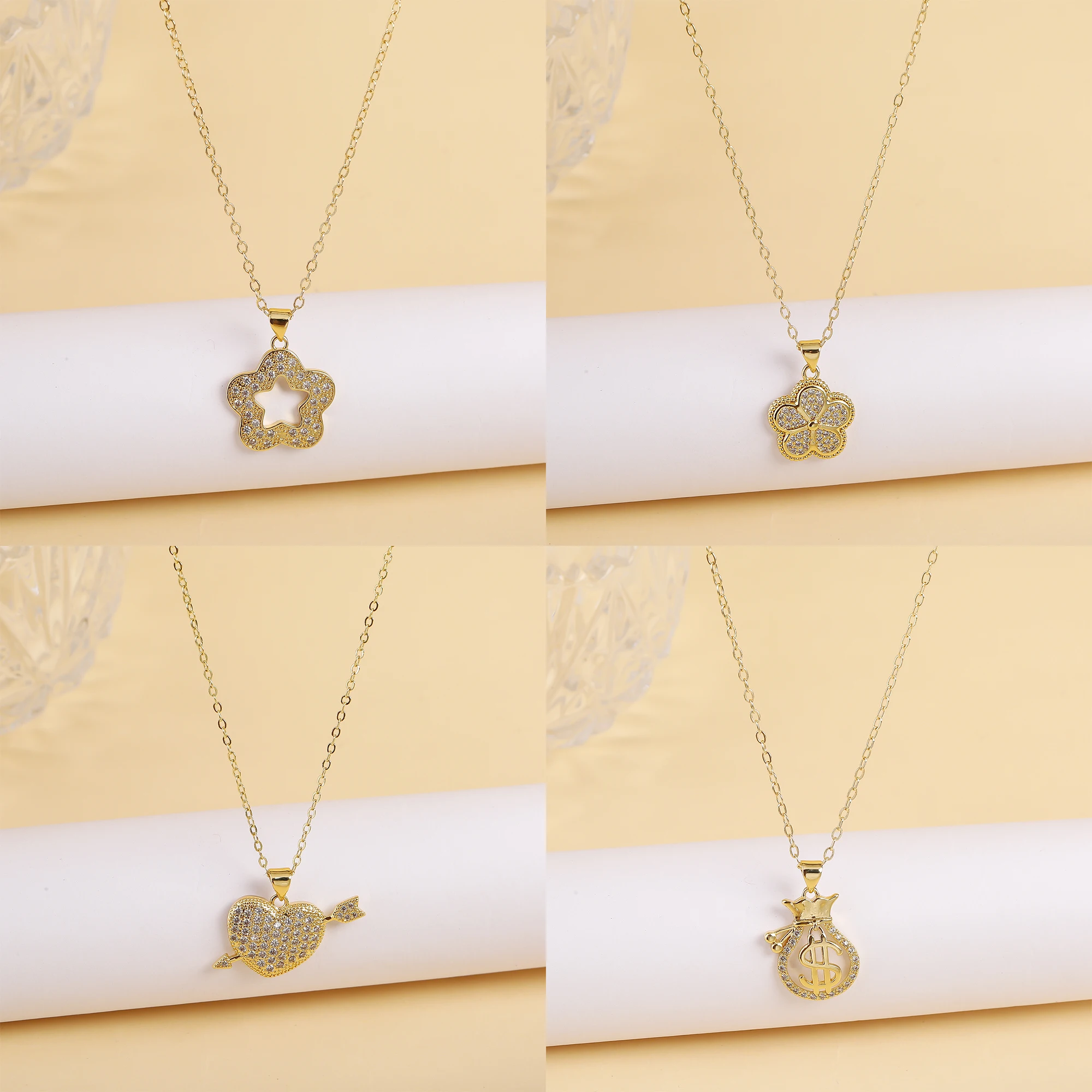 Shiny Zirconia Five Leaf Flower Necklace US Dollar Pattern Pendant Lucky for Woman Neck Charm Jewelry Accessory Daily Wear Male