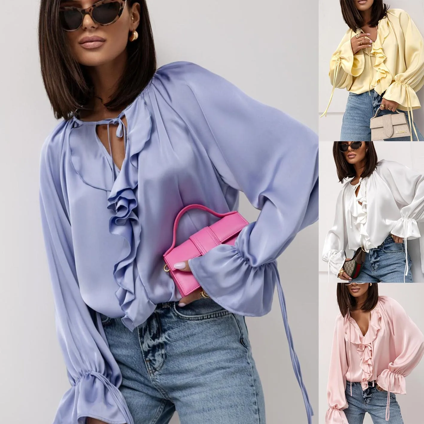 

Woman Satin Ruffle Trim Blouse Long Sleeve Tie Neck Flared Cuff Elegant Casual Top with Multiple Colors