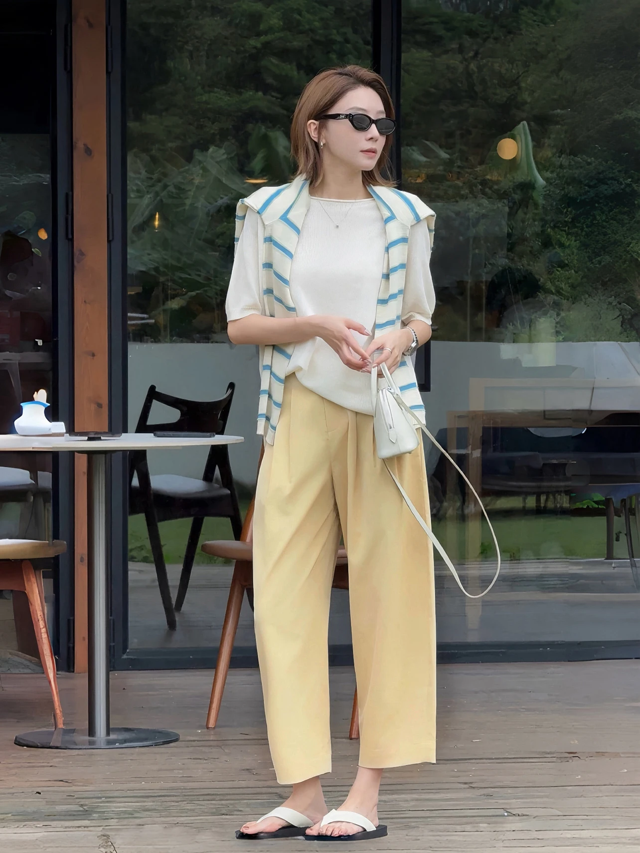 Lao Ban Zhou Summer New Style Casual Wide Leg Pants Half Elastic Waist Pleated Nine Points Slimming Drapey Ladies Fashion