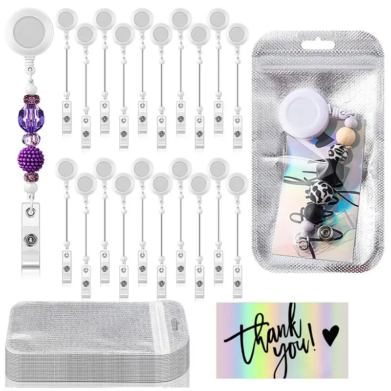 A29F-Retractable Clips Holder For Beads 20 ID Name Beaded Badge Reel 20 Resealable Pouch Bag 20 Thank You Cards