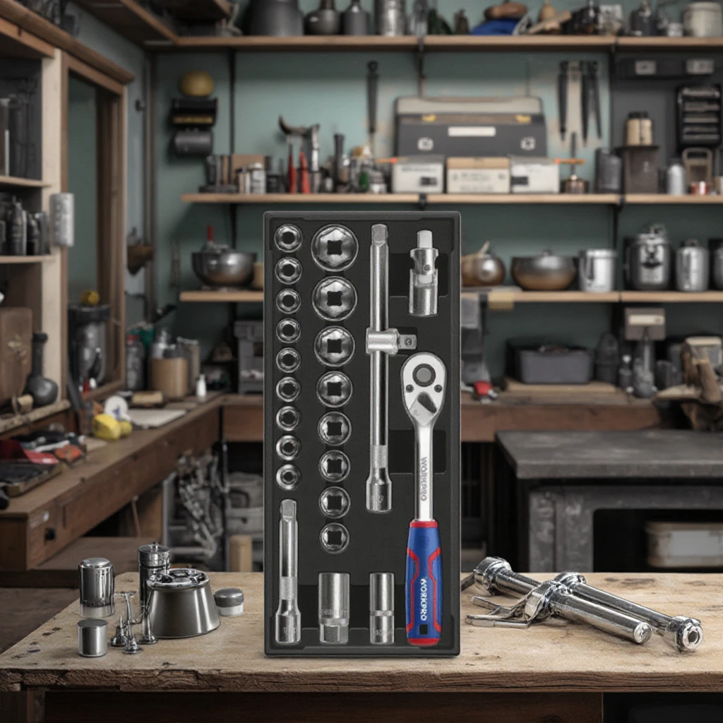 WORKPRO 24PC 1/2" Dr. Socket Wrench Set Mechanical Tools Cabinet Tool Tray