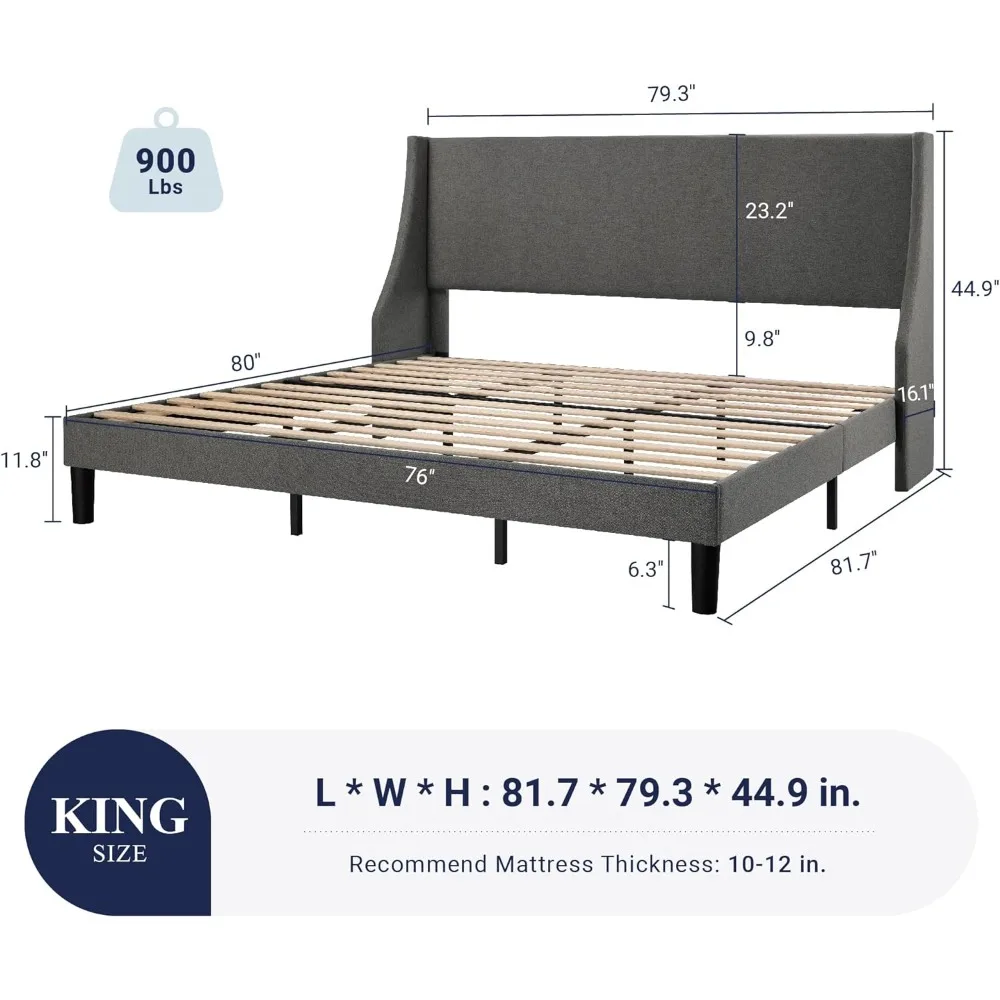 King Size Bed Frame, Platform Bed Frame with Upholstered Headboard, Modern Deluxe Wingback,Wood Slat Support,Mattress Foundation