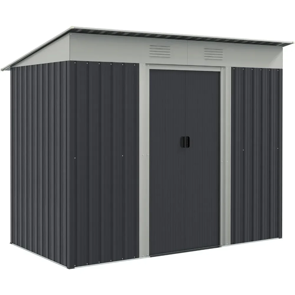 

7' x 4' Metal Lean to Garden Shed, Outdoor Storage Shed, Garden Tool House with Double Sliding Doors, 2 Air Vents for Backyard