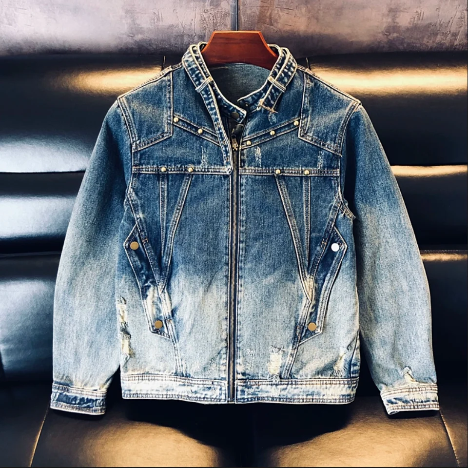 

2025 American style retro color motorcycle denim jacket men's spring and autumn personalized splicing stand up collar denim jack