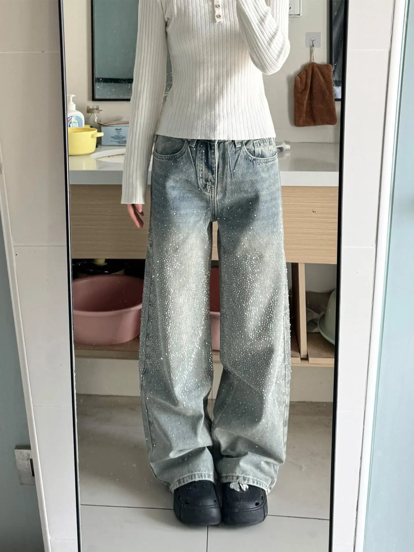 

Блестящие джинсы с эффектом бриллиантов для женщин, весна 2026, новые синие прямые джинсовые брюки в корейском винтажном стиле, повседневные широкие брюки с эффектом потертости