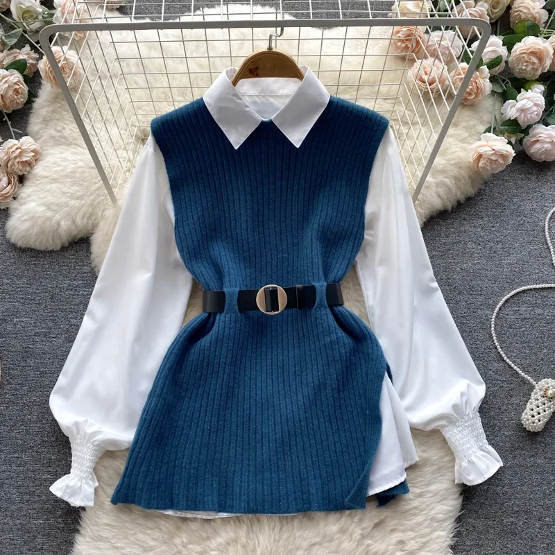 2024 Light Luxury Ladies Dress Set Women\'s Loose Long-sleeved White Shirt Top + Slit Knitted Vest Vest Two-piece Set A646