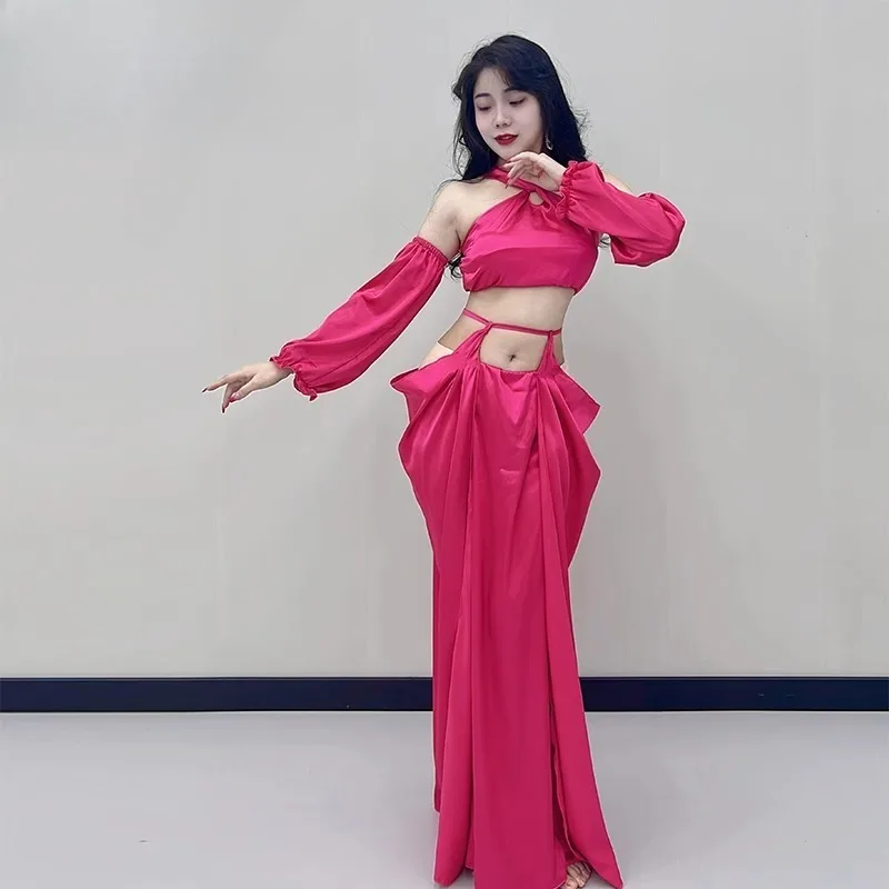 costumi di danza del ventre personalizzati abbigliamento da prestazione set di tute da allenamento sexy di fascia alta esotiche per maniche a lanterna con gonna superiore da donna