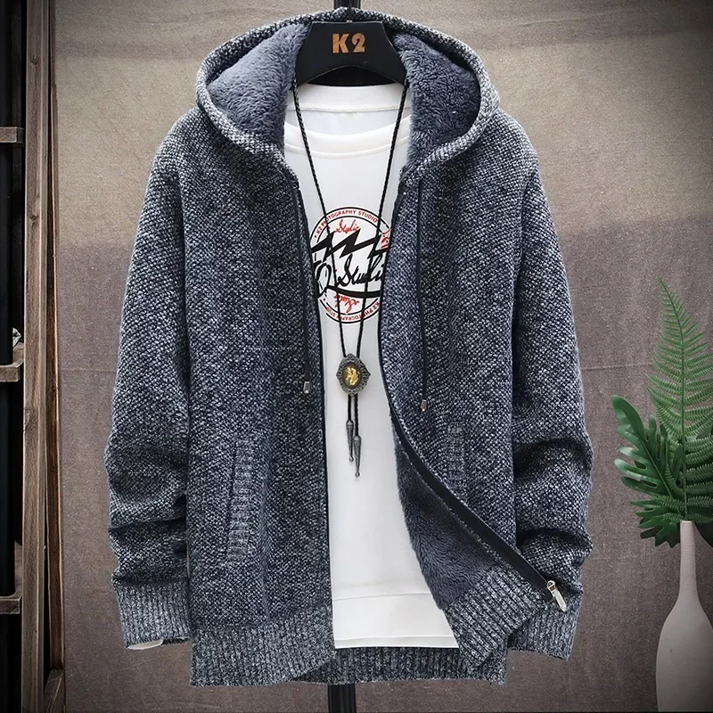 Men‘s Hooded Cardigan Knitted Sweater Winter Thick Fleece Warm Casual Knitwear Coat Solid Color Cardigan Men Hooded Sweaters