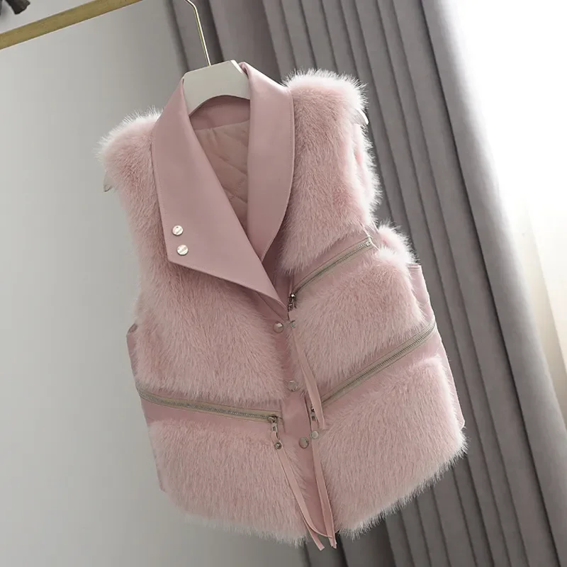 Fluffy Warm Faux Fur Waistcoat Jacket Women Street Splicing Sleeveless Loose PU Jackets Autumn Winter Fashion Thicken Lady Coat