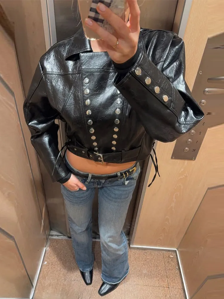 

Fashion Metal Double Breasted PU Jacket for Women 2026 Spring Autumn Lady Outerwear Casual Long Sleeve Lapel Female Cropped Coat