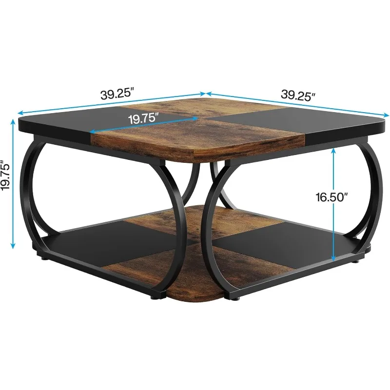 Square Coffee Table with 2 Tiers, 40 inches with Wood Storage Shelf Heavy Duty Metal Curved Frame for Modern Living Room