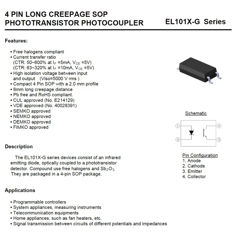 Tensão de isolamento de entrada DC (rms): 5000V Fototransistor Fotocoupler EL1018(TA)-VG SOP-4-2.54mm 20PCS EL1018