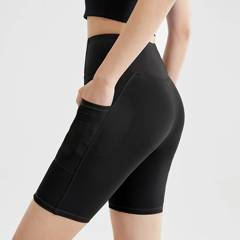 Women Ribbed Fabric Yoga Shorts with Side Pocket High Waist Butt Lifting Tummy Control Sports Shorts Seamless Design Legging