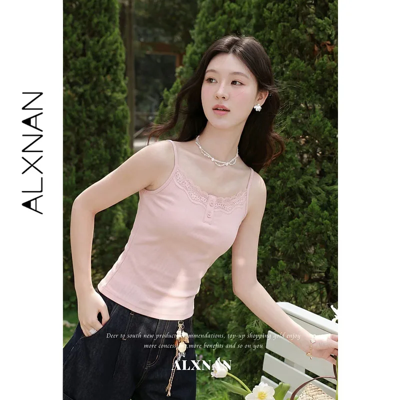 ALXNAN Pink Camisole Women 2026 Summer Slim-fit Casual Elegant Camis Fashion Elegant Sleeveless Tops with Lace Trim L65786BXA