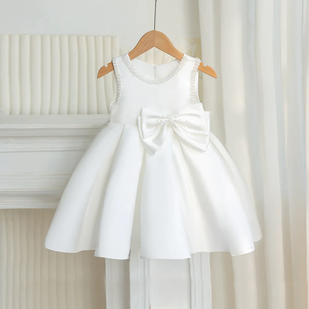 

2‑7Y Kids Big Bow Satin Princess Dress Girls Wedding Flower Girl Baptism Birthday Formal Evening Gown