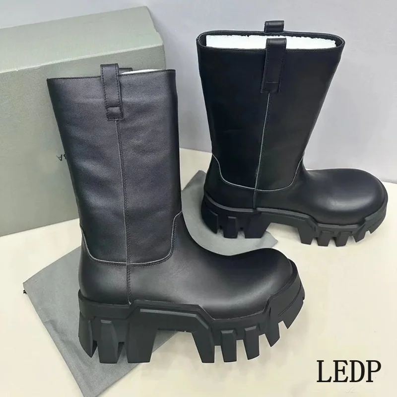 LEDP Brand Bulldozer Boots Women 2024 Trend Autumn and Winter New Tank Thick-soled Elevating Mid-calf Western Boots High Quality