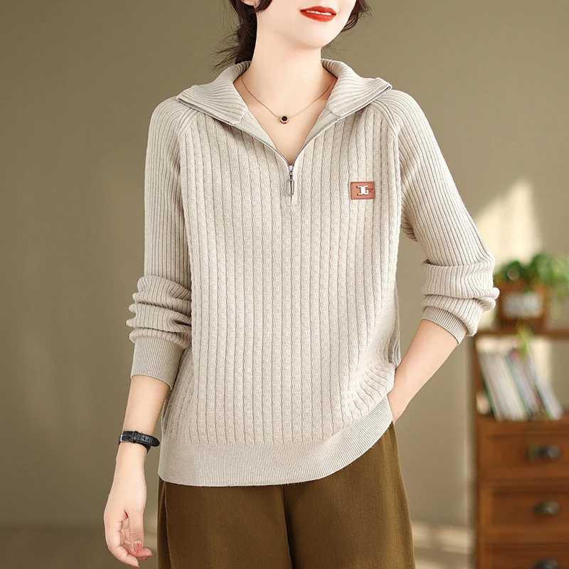 

Свитер с высоким воротником на молнии в стиле ретро, женский осенне-зимний свитер больших размеров с воротником-стойкой и скрытым дизайном живота