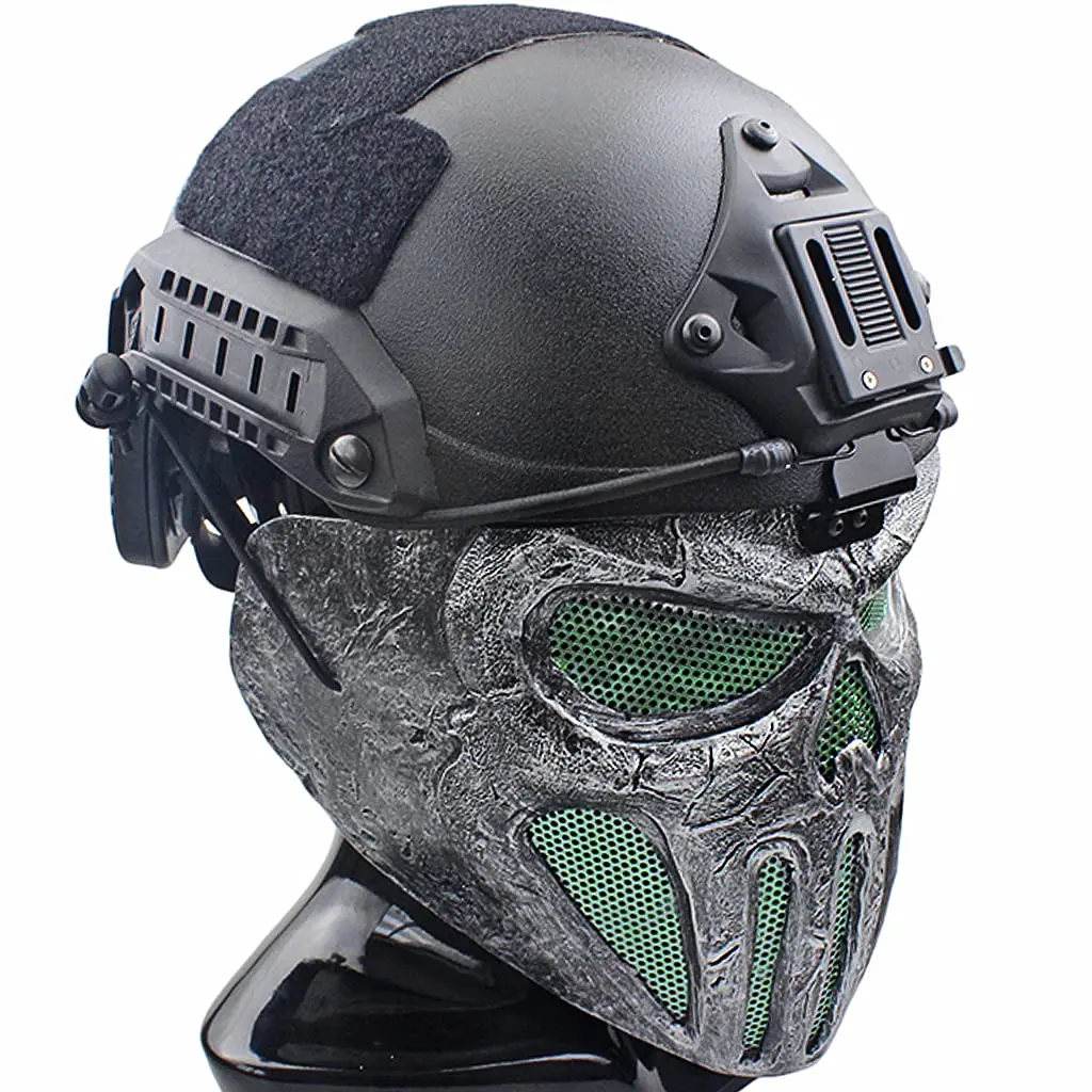 Tactical Helmet Combined, with Full Face Skull Paintball Mask with Metal Mesh Eye Goggles, for Halloween Paintball Cosplay Party