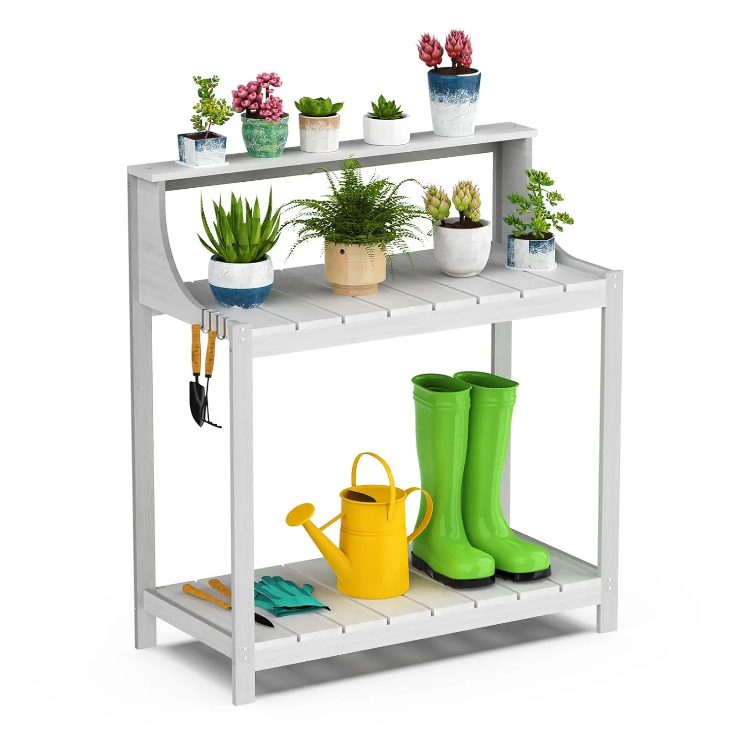 

Potting Bench Table, Solid Wood Potting Bench with Storage & Hooks - Durable All-Weather Garden Workstation for Patio, Deck & Ya
