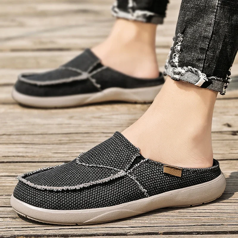 Men Canvas Slip On Loafers Backless Mules Casual Summer Driving Shoes Breathable Lightweight Beach Slippers Outdoor