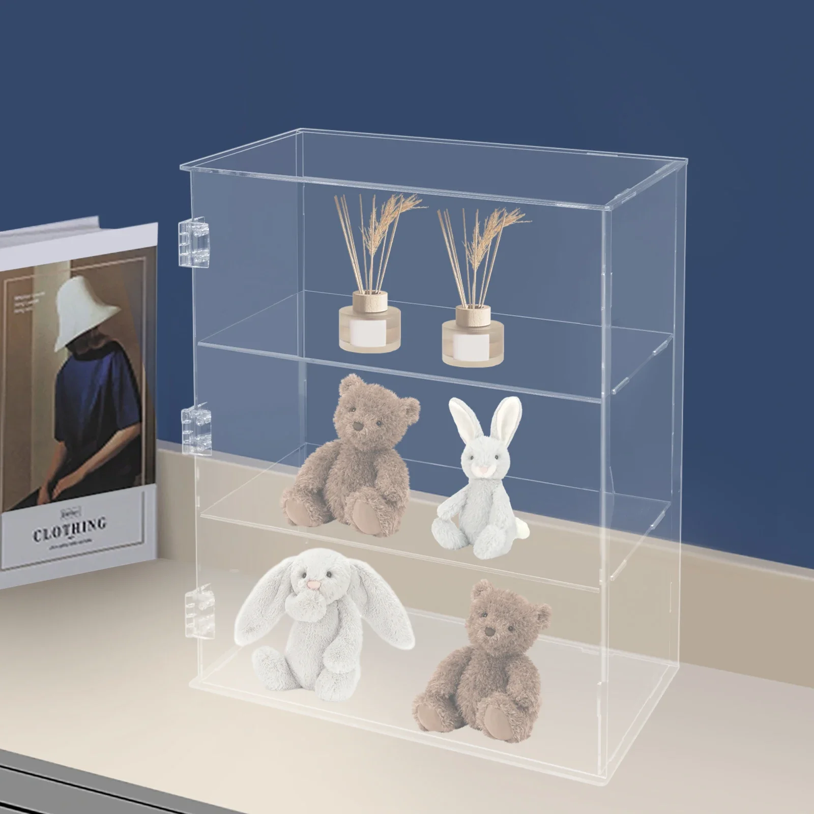 กล่องอะคริลิค 3 ชั้น 360 °   ชั้นวางอะคริลิคใสอเนกประสงค์พร้อมบานตู้สำหรับบ้าน สำนักงาน และงานแสดงสินค้า