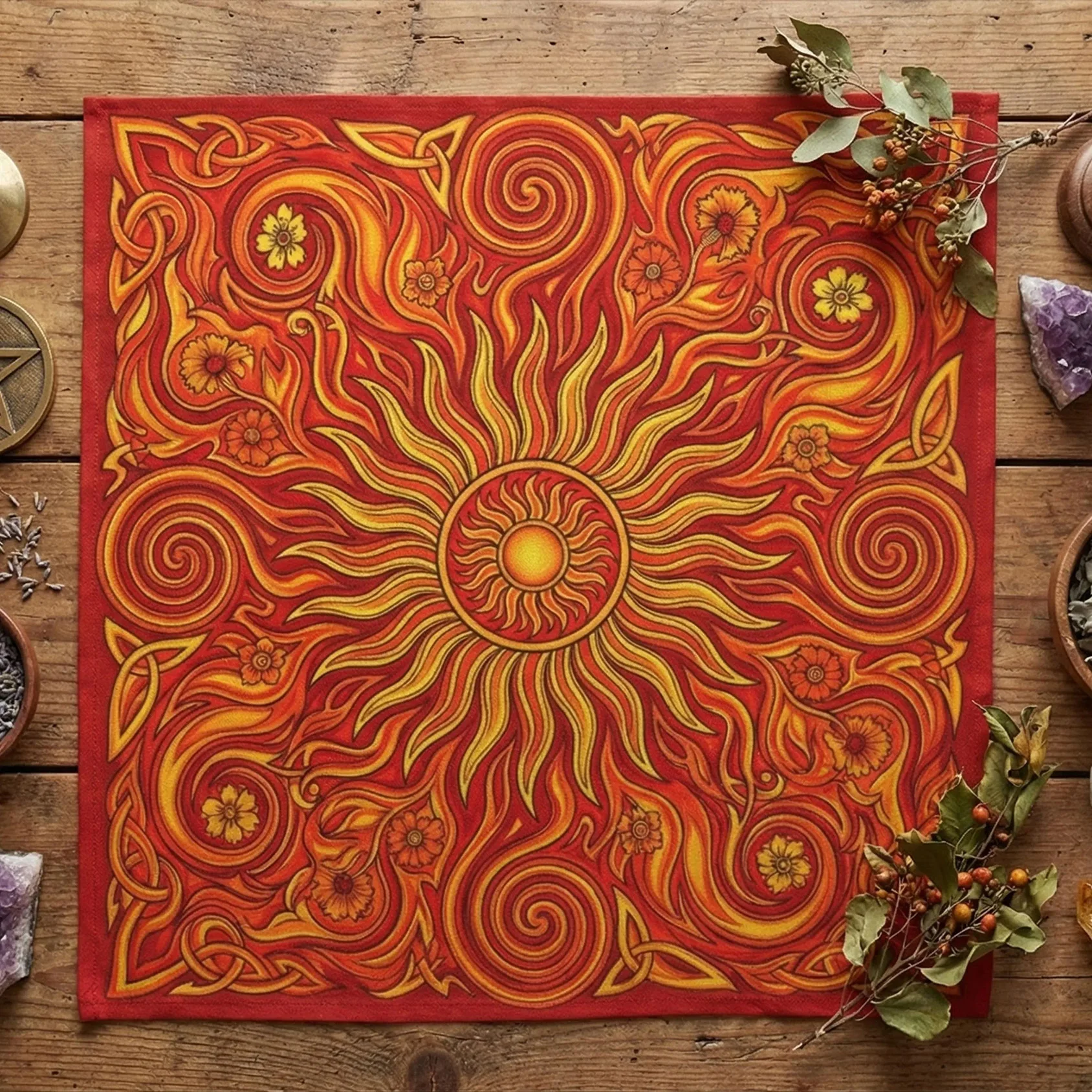 Celtic Sun Spiral Altar tablecloth, Litha Ritual Tarot Mat, Pagan Witchcraft Decor, Wiccan Sabbat Divination Gift