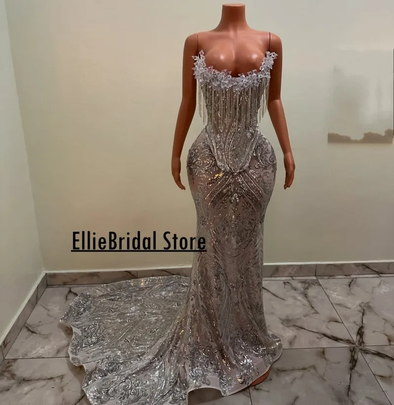 Silver Prom Dresses 2025 สําหรับสาวสีดําเซ็กซี่เลื่อม Mermaid Party Gowns คริสตัลพู่ vestidos de festas ที่กําหนดเอง