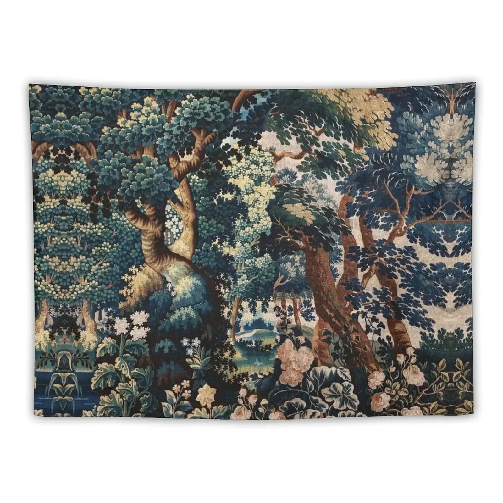 

GREENERY,TREES AND ROSES IN WOODLAND LANDSCAPE Blue Green Floral Tapestry Decor Home Tapestry