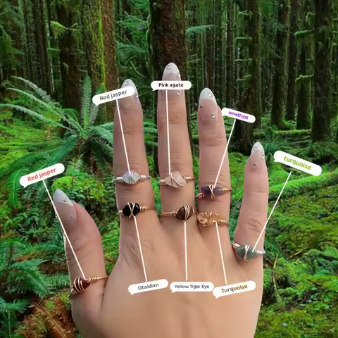 1 set of Bohemian retro irregular natural stone ring for women with colorful dopamine yellow product image