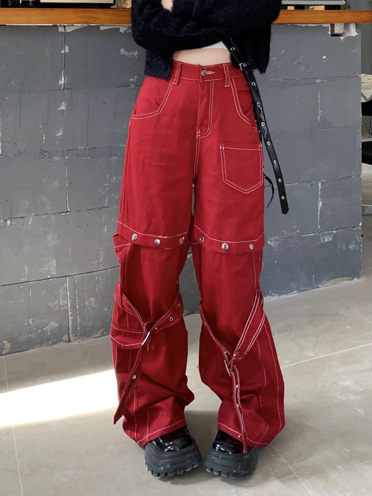 

SONNEESD Harajuku Style Cowboy Pants High Waist Pocket Removable Design Denim Trouser Vintage Straight Red Wide Leg Pants