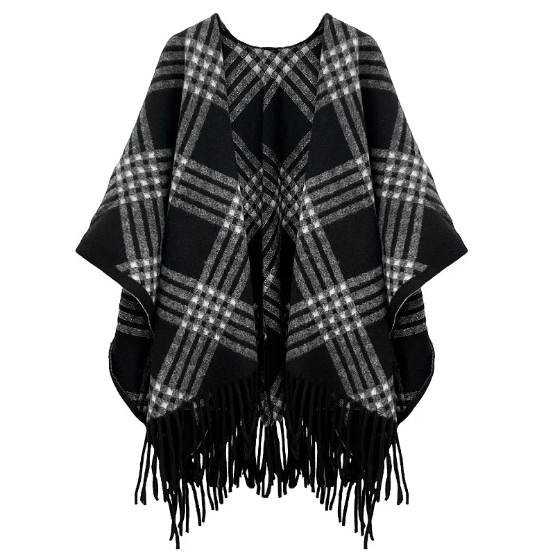

2025 Women Clothing Warm Plaid Shawl Jackets Korean Fashion Shoulder Protection Cloak Thicked Sweet Tassel Coats Tops Female