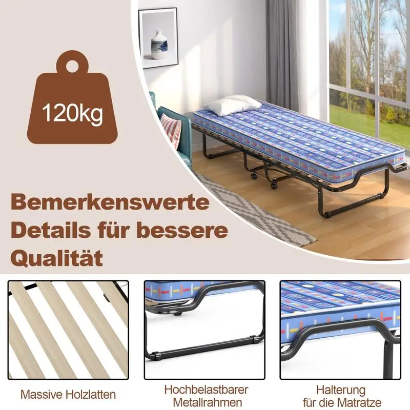 Cama Plegable con Colchón de Espuma Viscoelástica, Estructura Resistente, 4 Ruedas Giratorias, Cama Plegable para el Hogar, Azul