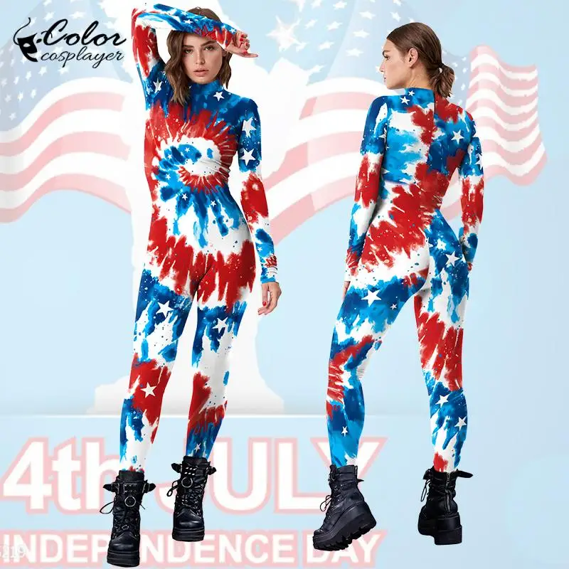 Color Cosplayer Carnival Jumpsuit Adult Independence Day Cosplay Costume Zipper Bodysuit Party Catsuit Halloween Fancy Zentai